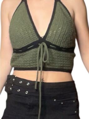 ROMWE Olive Green Crochet Halter Crop Top with Black Trim